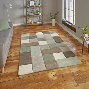 Beige & Green Geometric Rectangle & Square Pattern Modern Floor Rug